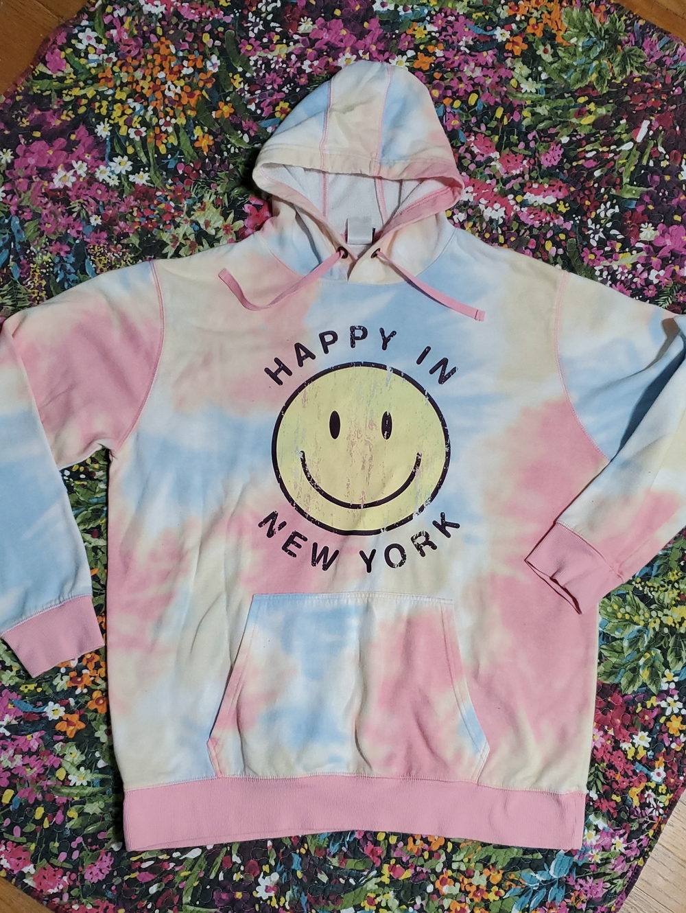 HAPPY IN NEW YORK tie-dye Hoodie - pink, blue, yellow unisex xxl